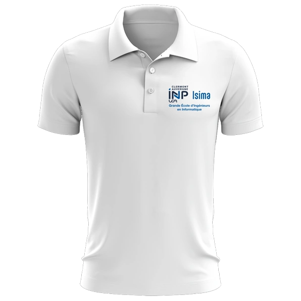 Polo blanc avec le logo bleu Clermont Auvergne INP ISIMA sur le coeur